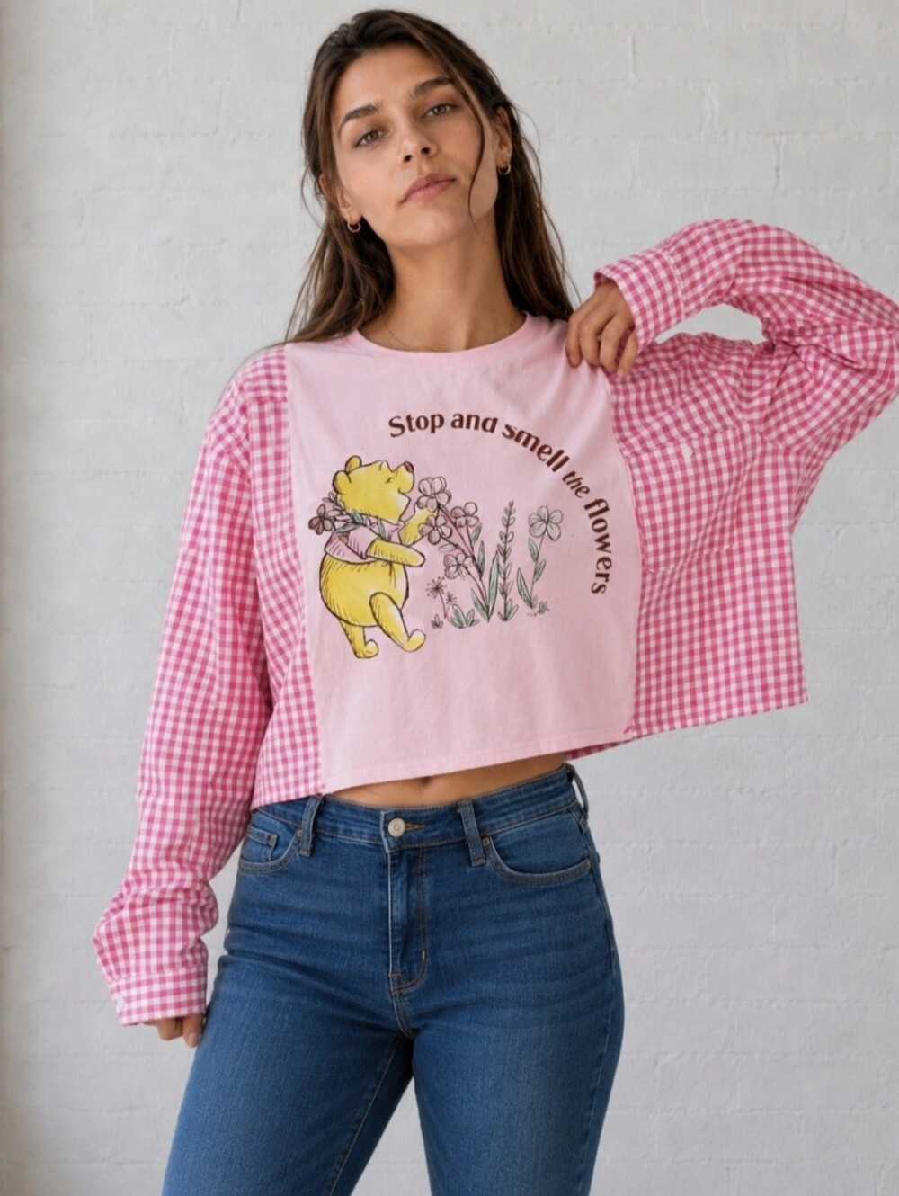 Upcycled- Blooming Gingham Bear Crop Campfire Tee